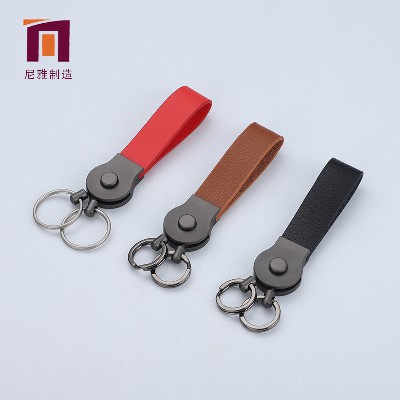 Waist hanging simple double ring leather keychain keychain keychain business gift fashion accessories keychain