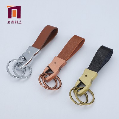 Men's leather keychain creative car metal business waist buckle with leather embossed logo promotional gift