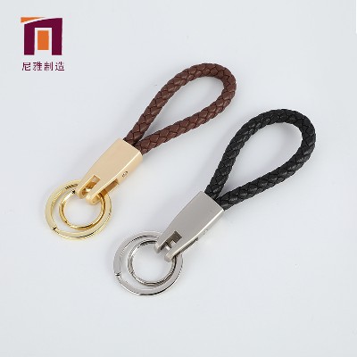 Creative Double Ring Leather Rope Keychain Leather PU Keychain Handwoven Rope Keychain